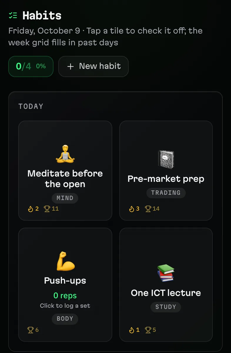 Keep your routines: Tap a habit to check it off; the week fills in.
